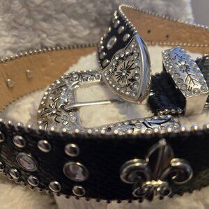 Black Women's Western Belt Embellished with Silvertone and Glass Rhinestones